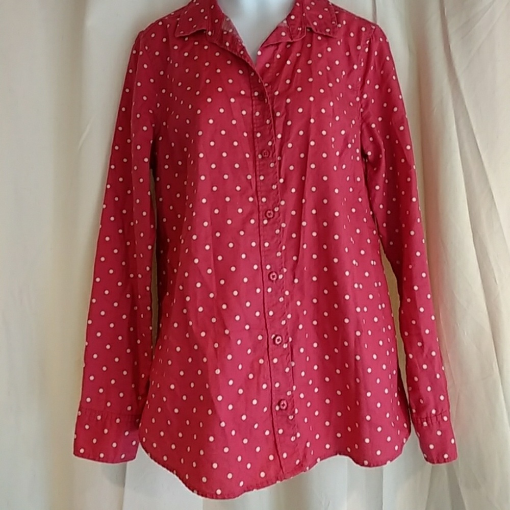 Pink and white polka dot button up shirt small